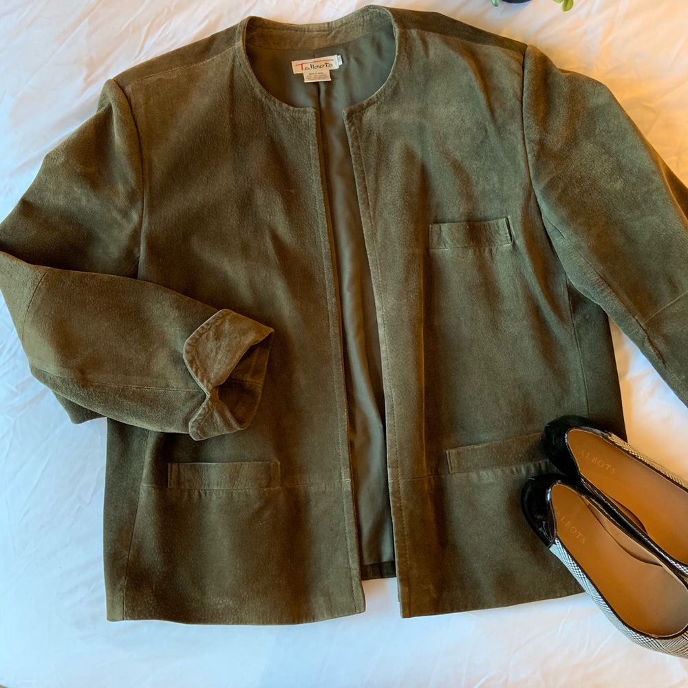 Olive Green Talbots Suede Open Front Jacket 16